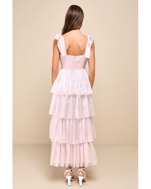 Lulus Pink Radiant Arrival Shiny Organza Tiered Tie-Strap Maxi Dress