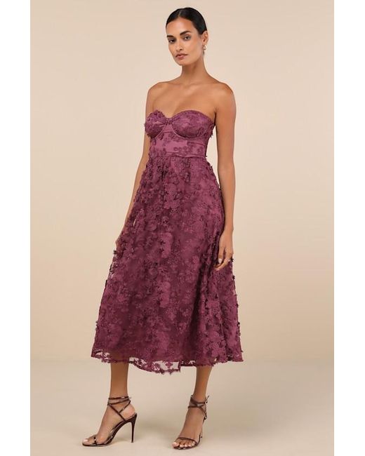 Lulus Purple Quite Perfect Floral Embroidered Strapless Midi Dress