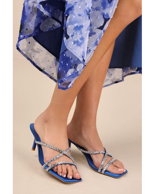 Lulus Blue Birdine Sapphire Satin Rhinestone High Heel Sandals