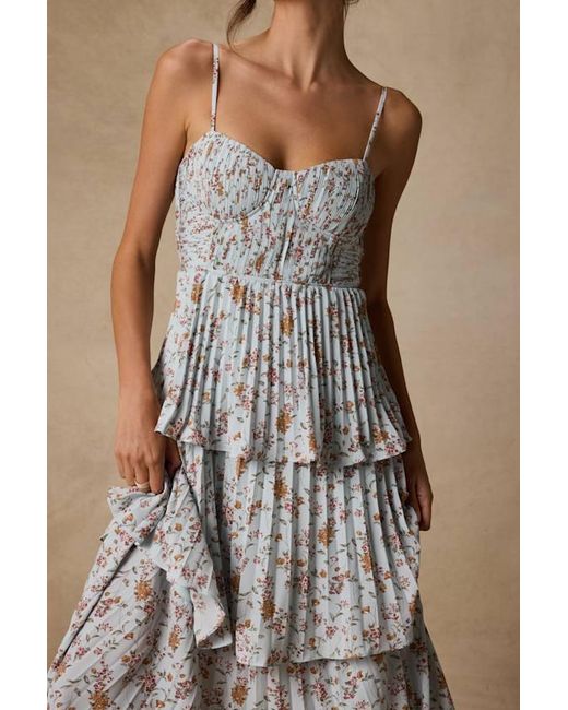 Lulus Natural Cascading Crush Pale Floral Print Tiered Bustier Midi Dress