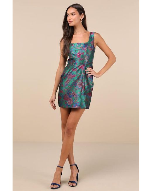 Lulus Green Compelling Drama Floral Jacquard Lurex Bustier Mini Dress