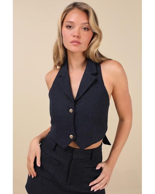 Lulus Blue Looking Posh Tweed Backless Cropped Halter Vest Top