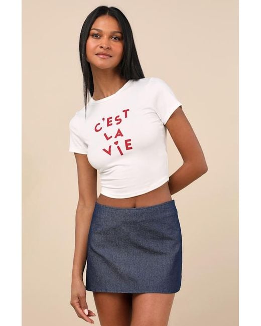 Lulus White C'Est La Vie Short Sleeve Cropped Graphic Tee
