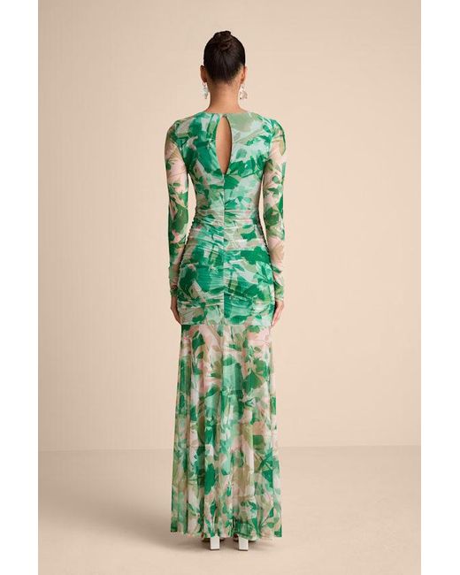 Lulus Green Vibrant Poise Floral Print Mesh Ruched Maxi Dress