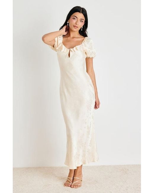 Lulus Natural Farina Cream Floral Jacquard Puff Sleeve Maxi Dress