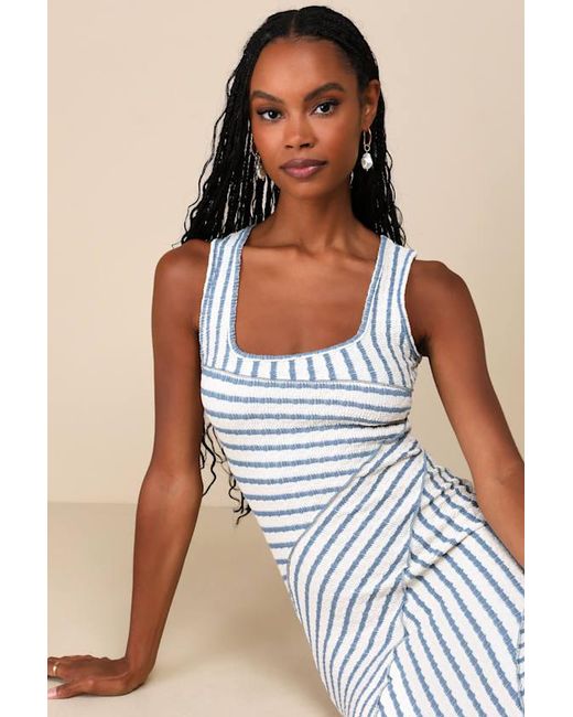 Lulus Natural Constantly Trendy Striped Crinkle Bodycon Midi Dress