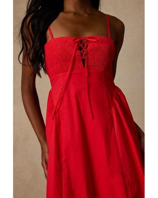 Lulus Red Laylie Poplin Lace-Up Midi Dress