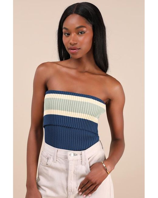 Lulus Blue Sunny Signs Striped Ribbed Knit Strapless Top