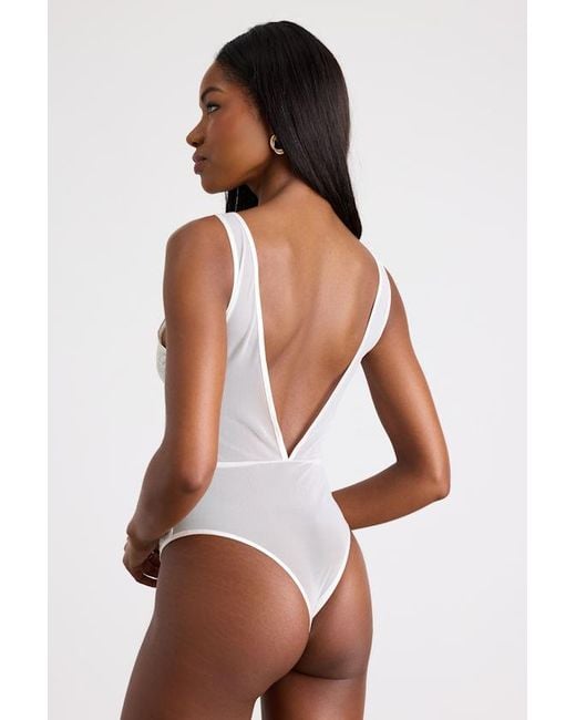 Lulus White Lumini Lace Rhinestone Sleeveless Plunge Bodysuit