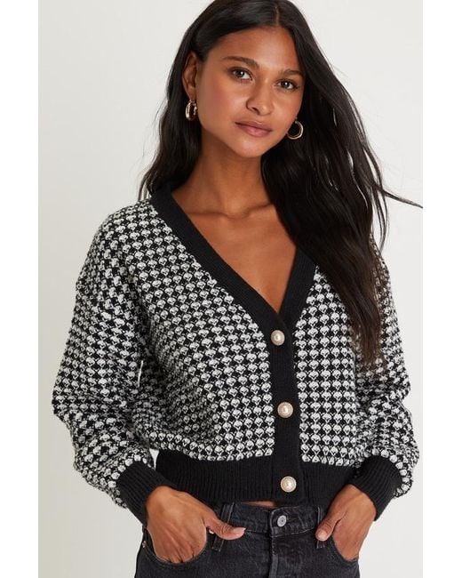Lulus Exceptionally Iconic And Houndstooth Cardigan in Black Lyst