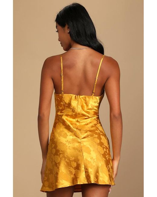 Lulus Yellow Close To Your Heart Satin Jacquard Cowl Slip Dress