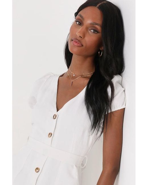 Lulus White Sicily Sweetheart Button-Front Puff Sleeve Midi Dress
