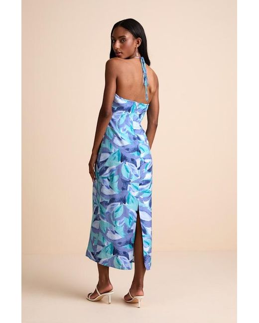 Lulus Blue Valdria Abstract Cowl Halter Midi Dress