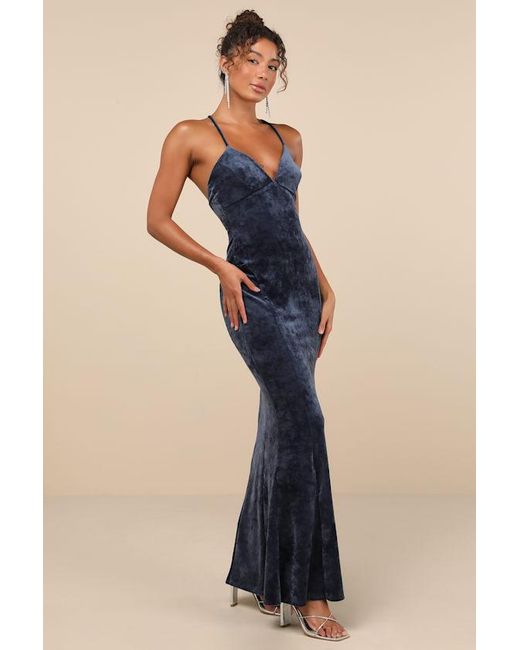 Lulus Blue Immensely Luxe Velour Backless Mermaid Maxi Dress