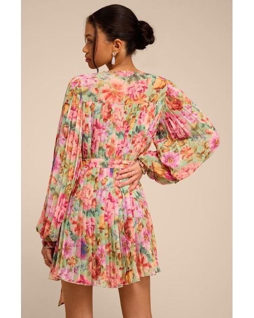 Lulus Red Dalila Sage Multi Floral Pleated Shift Mini Dress