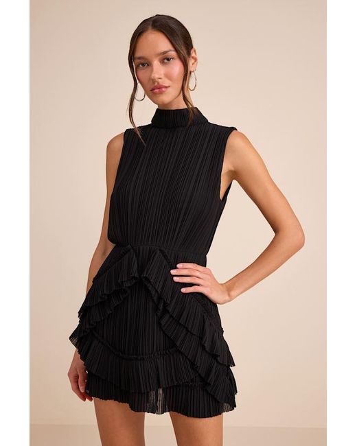Lulus Alvana Plisse Mock Neck Ruffled Mini Dress in Black | Lyst