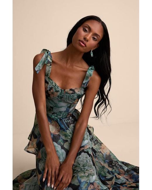 Lulus Black Playfully Posh Floral Organza Tie-Strap Tiered Midi Dress