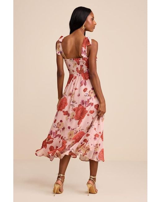 Lulus Pink Summer Invite Floral Tie-Strap Tiered Midi Dress