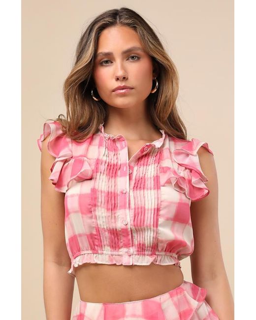 JACQUIE THE LABEL Pink Giada And Plaid Flutter Sleeve Crop Top