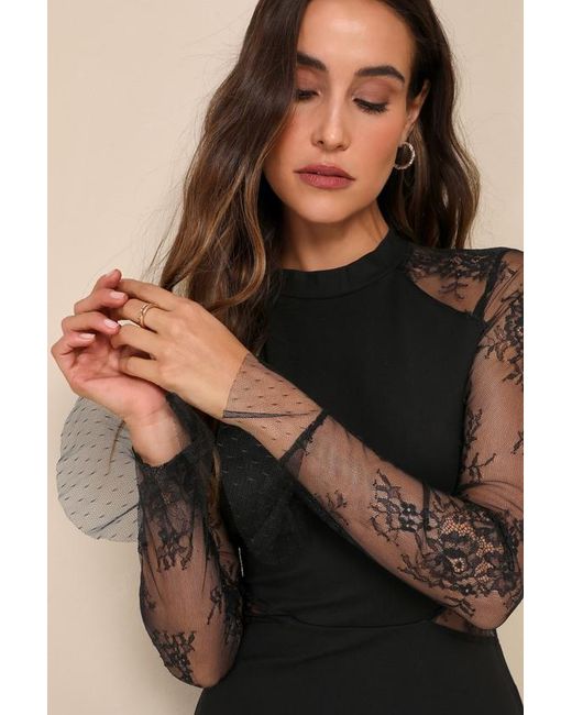 Lulus Bragging Rights Lace Long Sleeve Skater Dress in Black | Lyst UK