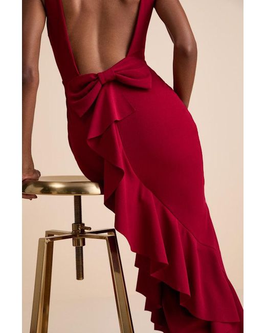 Lulus Red Exquisite Refinement Backless Bow Ruffled Maxi Dress