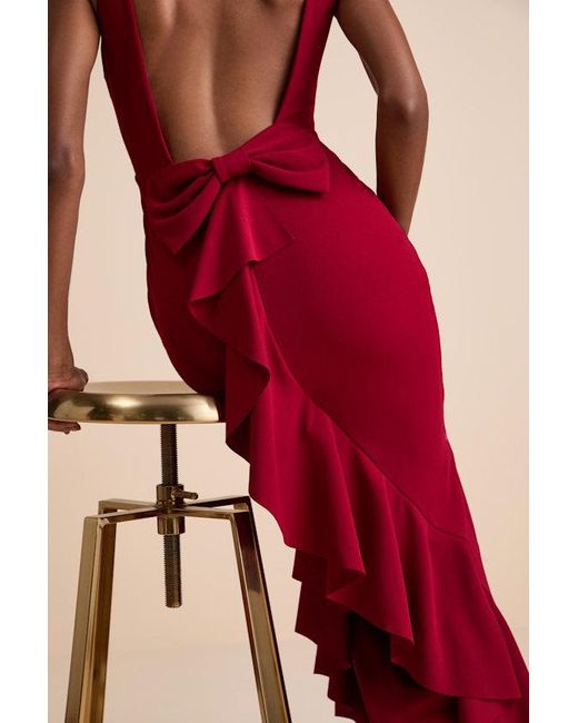 Lulus Red Exquisite Refinement Backless Bow Ruffled Maxi Dress