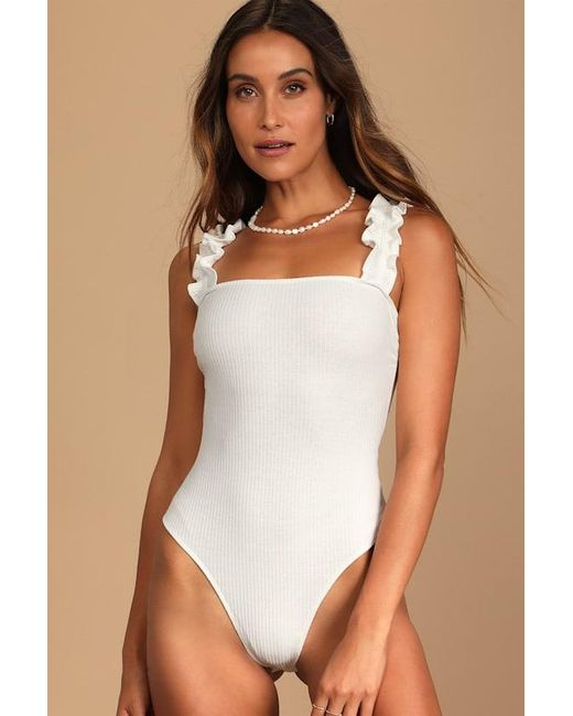 Lulus Natural Musing About You Ribbed Ruffle Strap Bodysuit