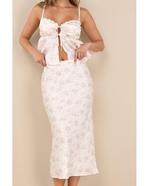 Lulus Natural Alexia Ditsy Floral Satin Slip Midi Skirt