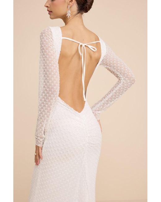 Lulus Mariani Sequin Beaded Backless Long Sleeve Maxi Dress in Natural |  Lyst