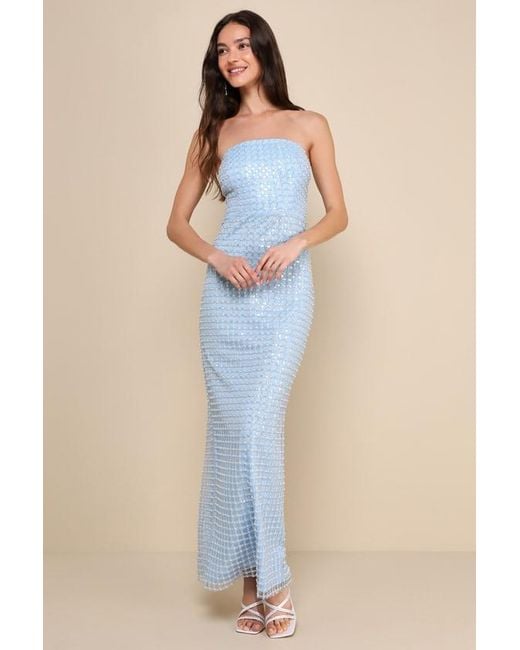 Lulus Blue Perfectly Luxurious Pearl Strapless Maxi Dress