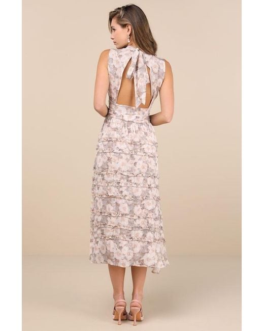 Lulus Natural Happily Sweet Floral Mock Neck Backless Midi Dress