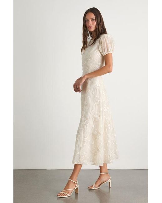 Lulus Natural Elfrieda Cream Floral Embroidered Puff Sleeve Midi Dress