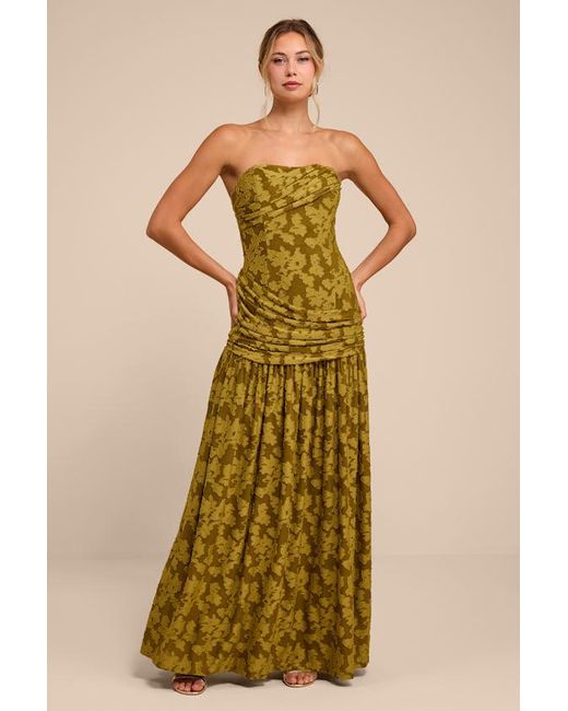 Lulus Yellow Anaiis Floral Burnout Strapless Maxi Dress