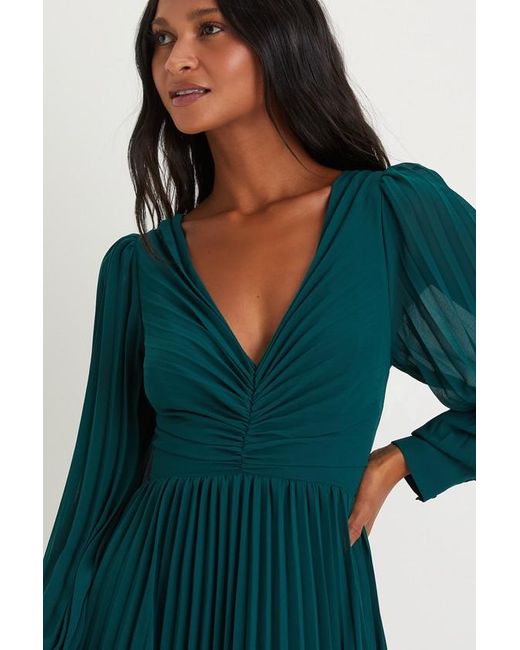 Lulus Green Sophisticated Grace Pleated Long Sleeve Maxi Dress
