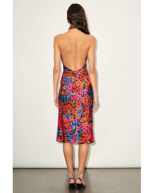 Lulus Red Bold Presence And Multi Floral Satin Halter Midi Dress