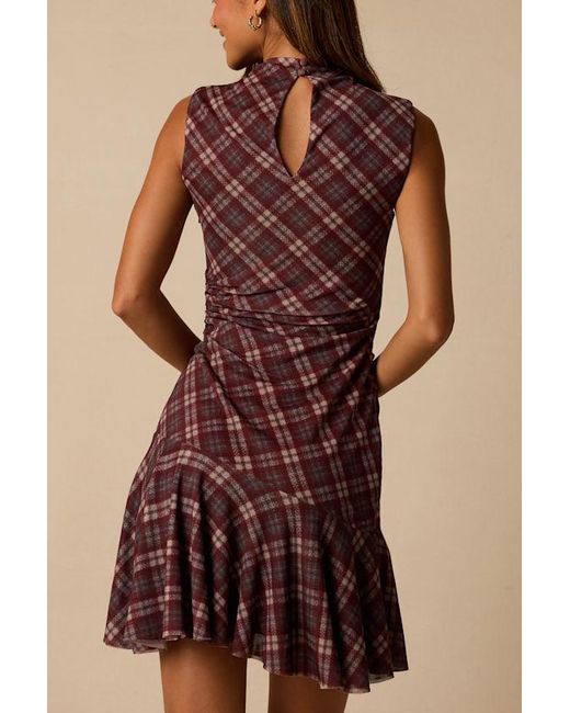 Lulus Red Selvia Plaid Ruched Mesh Mini Dress
