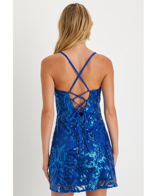 Lulus Blue Divine Energy Sequin Lace-Up A-Line Mini Dress