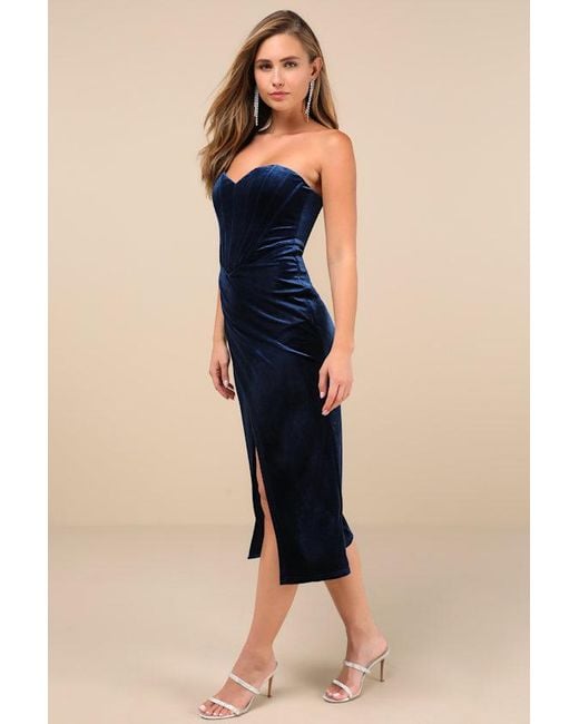 Lulus Blue Masterfully Flirty Velvet Bustier Midi Dress