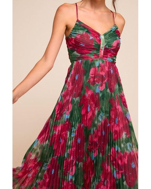 Lulus Red Whitley Multi Floral Pleated Sleeveless Midi Dress