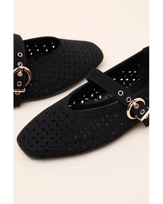 Lulus Black Nanette Eyelet Buckle Ballet Flats