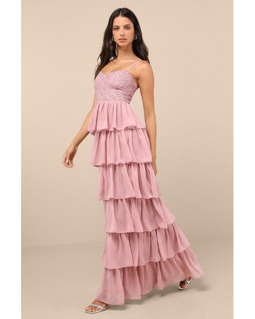 Lulus Pink Galina Sequin Tiered Maxi Dress