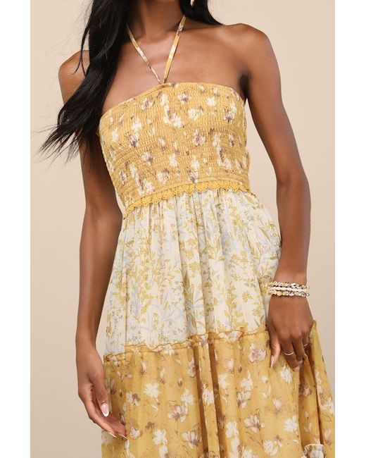 Lulus Natural Bennie And Ivory Floral Tiered Halter Maxi Dress