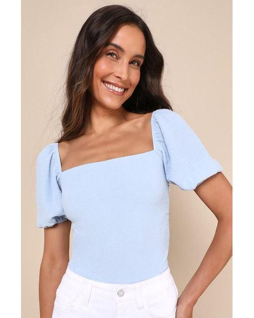 Lulus Blue Abundance Of Love Textured Puff Sleeve Tie-Back Bodysuit