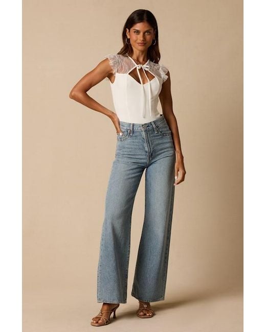 Lulus Blue Coveted Crush Lace Tie-Neck Bodysuit