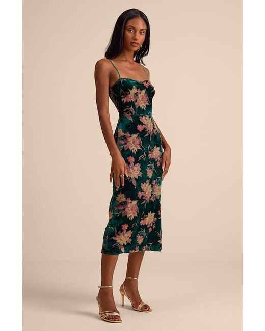 Lulus Natural Erisa Emerald Velvet Floral Burnout Midi Dress