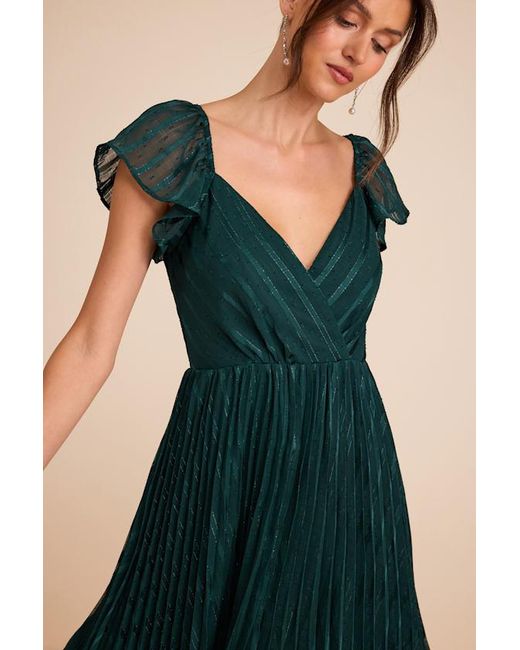 Lulus Blue Standout Sophistication Emerald Lurex Flutter Sleeve Midi Dress