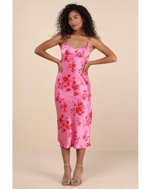 Lulus Pink Glamorous Efforts Floral Print Tie-Back Midi Dress