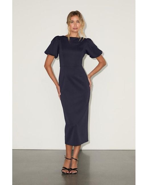 Lulus Blue Simply Beloved Puff Sleeve Bodycon Midi Dress