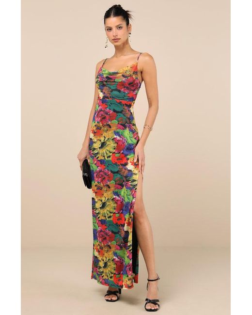Lulus Blue Sunniva Multi Print Mesh Cowl Maxi Dress