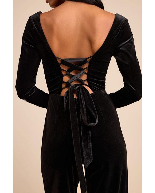 Lulus Black Asalia Velvet Lace-Up Long Sleeve Straight-Leg Jumpsuit